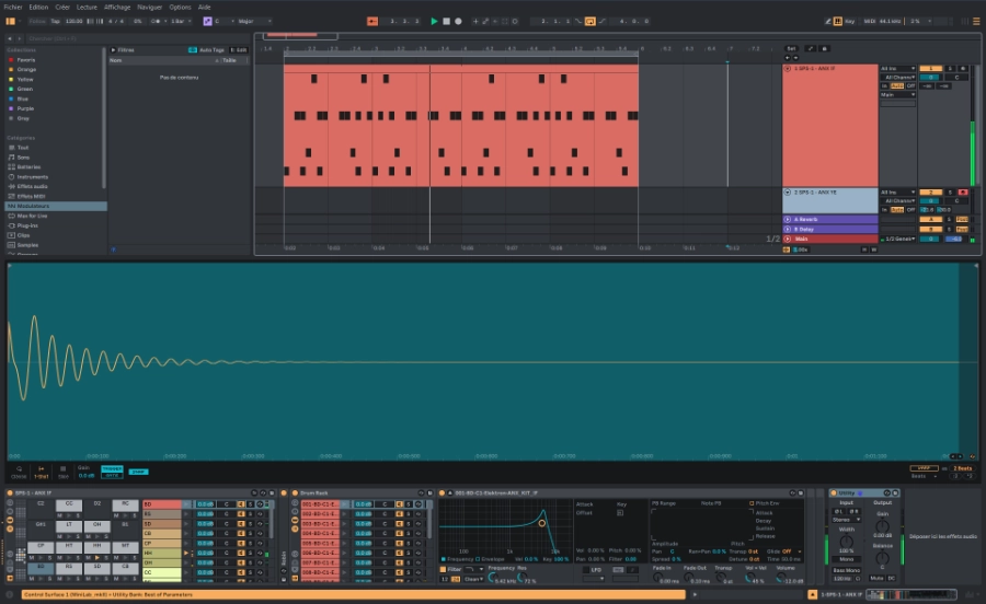 Piste MIDI de batterie dans Ableton Live 12 utilisant un Drum Rack avec des samples Elektron Machinedrum