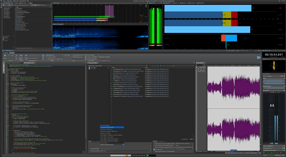 Capture d’écran de Wavelab montrant l’éditeur de script, le traitement par lot et les outils d’analyse audio