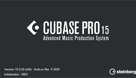 Logo Cubase 15.0.20 blanc sur fond gris, écran de démarrage du logiciel