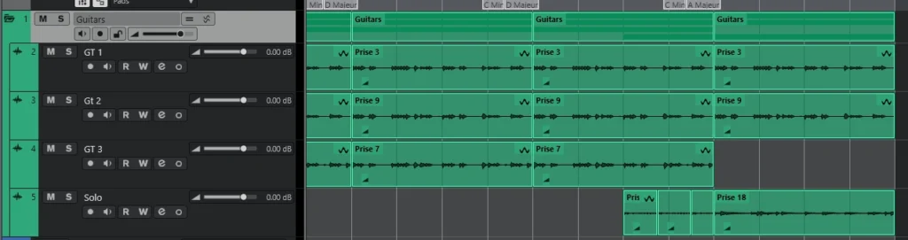 Cubase 15.0.20 – Piste répertoire Guitars dans la fenêtre Projet, contenant quatre pistes audio GT 1, GT 2, GT 3 et Solo avec le nouveau canal de groupe intégré