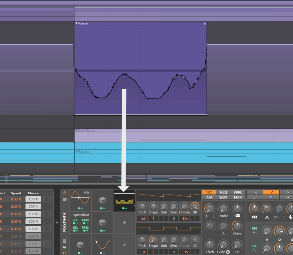 Automation clip utilisé comme source de modulation dans Bitwig Studio 6
