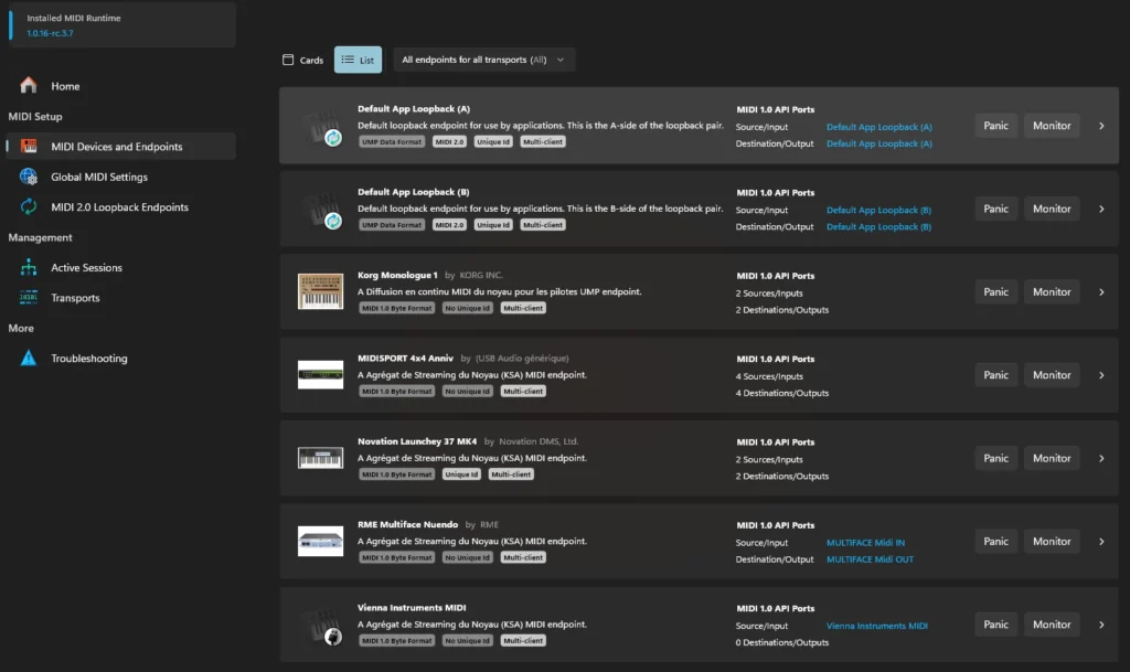 Application Windows MIDI Services — liste des périphériques MIDI connectés sous Windows 11