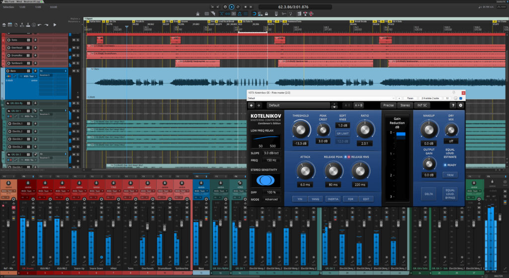 Interface Reaper 7 avec projet multipiste, mix console et plugin de compression Kotelnikov pour le mixage audio